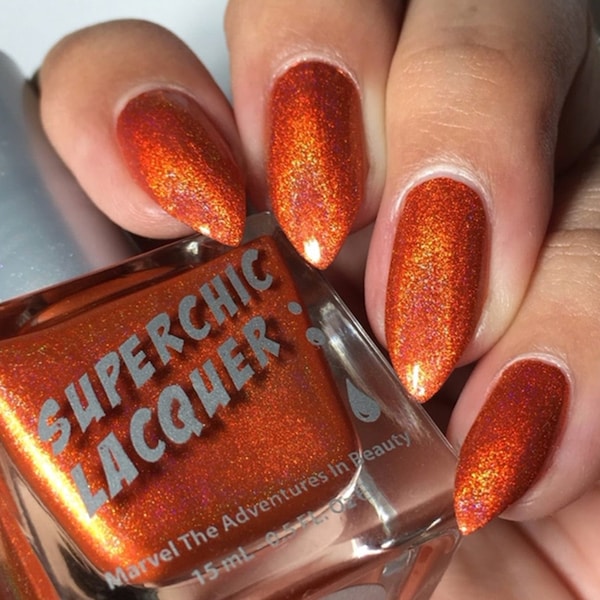 SuperChic Lacquer Juicy Holographic Nail Polish-SuperHolo-Linear-1 Coat-Orange-Rainbow-Bright-Neon