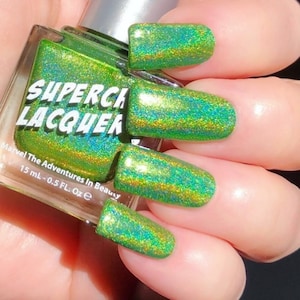 SuperChic Lacquer Magic Cricket Holographic Nail Polish-SuperHolo-Linear-Green-Multichrome-Rainbow-Bright Neon