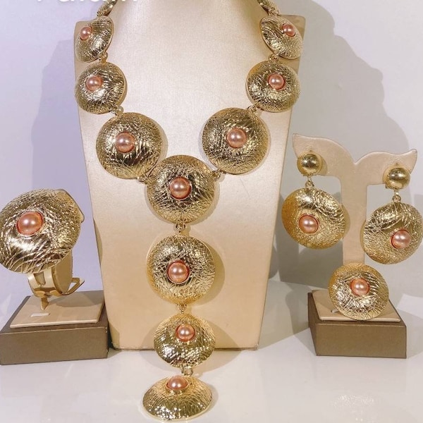 Dubai Italian Gold Plated Nigerian African Party Bridal Wedding Engagement Big Bold Jewelry Set Necklace Earrings Bracelet & Ring