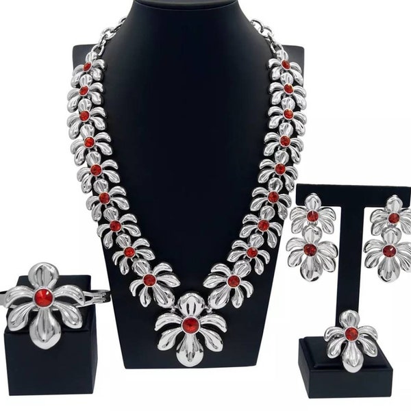 Dubai Italian Silver Plated Choker Nigerian African Party Bridal Wedding Engagement Big Bold Jewelry Set Necklace Earrings Bracelet & Ring