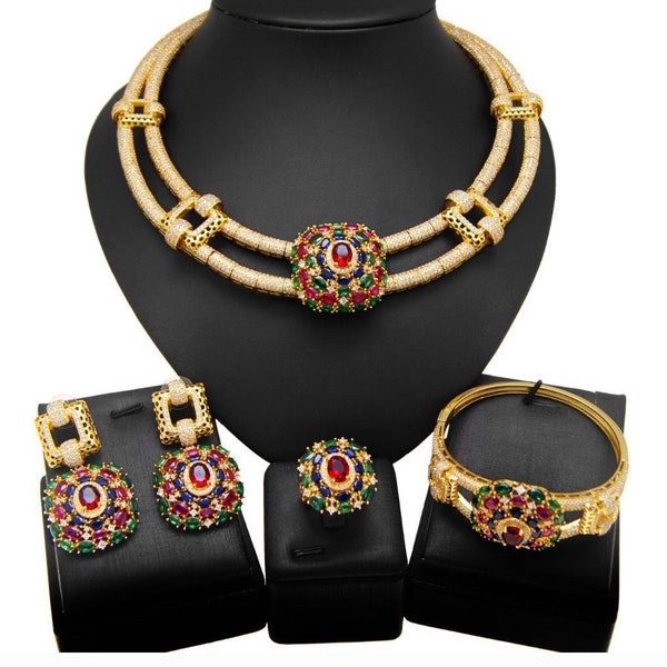 Italian Brazilian Gold Cubic Zirconia Nigerian African Party Bridal Wedding Engagement Big Bold Jewelry Set Necklace Earrings Bracelet Ring