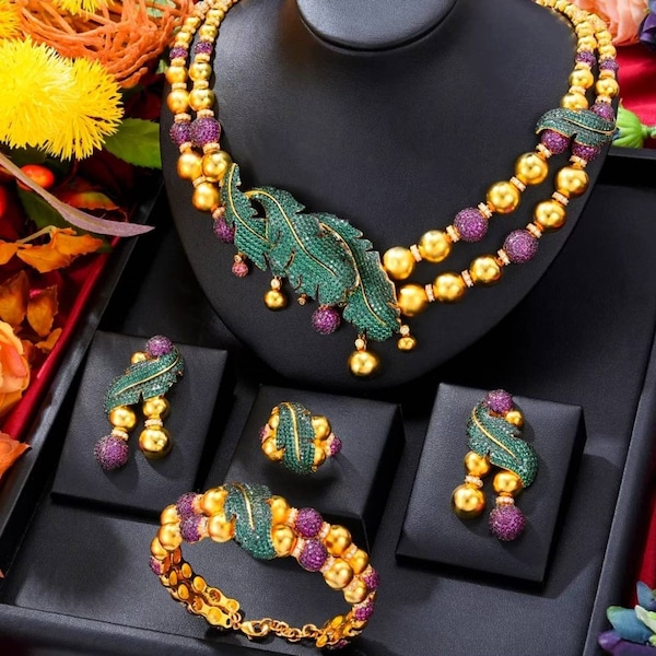 Dubai Nigerian African Women's Gold Zirconia Stones for Wedding Engagement Bridal Party Guests Necklace Earrings Bracelet Ring Set