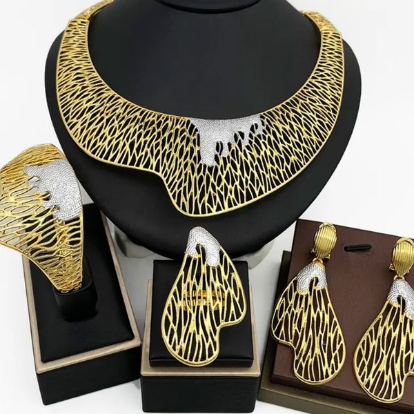 Dubai Nigerian African Women's Gold Jewelry for Wedding Engagement Bridal Party Guests Necklace Earrings Bracelet Ring Set