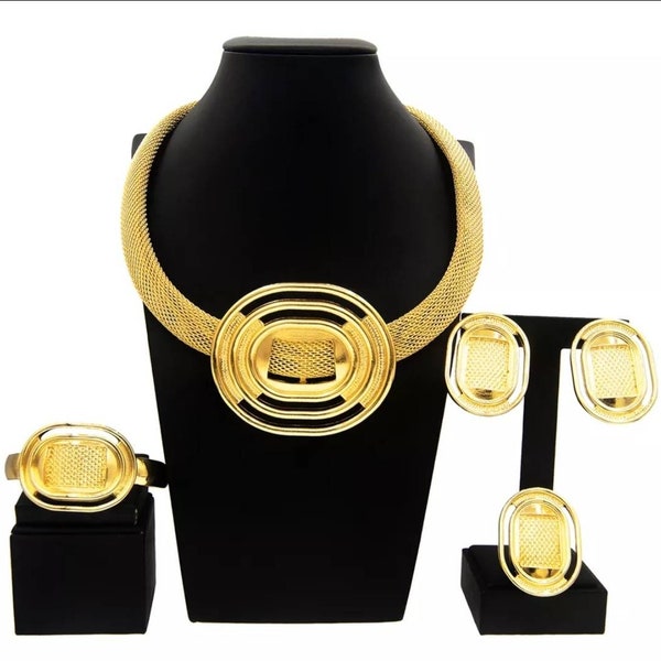 Dubai Nigerian African Women's Gold Jewelry for Wedding Engagement Bridal Party Guests Necklace Earrings Bracelet Ring Set