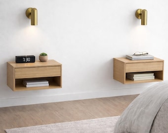 Modern Floating Bedside Table | Push-to-Open Drawer | Oak Wall Mounted Nightstand | Minimalist Scandinavian Bedroom Furniture