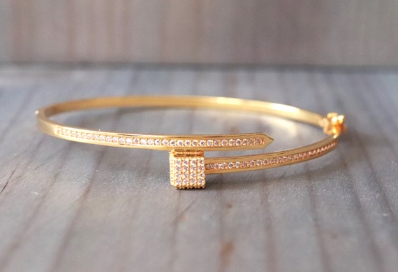 Real Gold 21K Yellow Gold Square With CZ Bangle Bracelet Jewelry