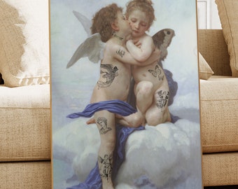 Tattoo Cherub Art print, PRINTED wall art, altered fine art print, Cupid and Psyche print