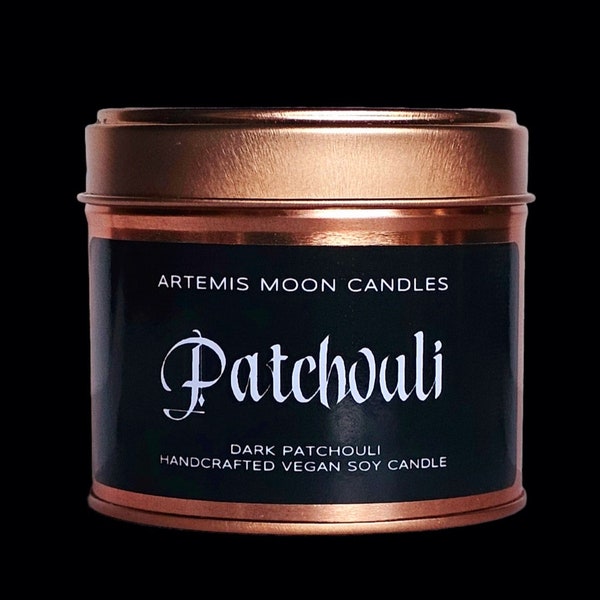 Patchouli scented vegan rose gold soy candle tin