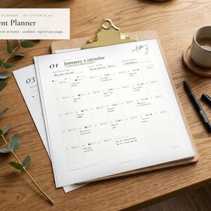 May include: A printable content planner on white paper held by a gold metal clipboard. The document features a January calendar grid with text, lines, and small floral accents. The planner is undated and includes sections for notes and monthly goals.