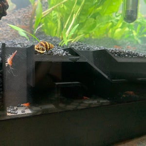 Könnte beinhalten: Schwarzer Plastik-Aquarienhintergrund mit einer eingebauten Höhle und mehreren Ebenen. Der Hintergrund befindet sich in einem Aquarium mit schwarzem Kies und einer Schnecke auf der obersten Ebene.