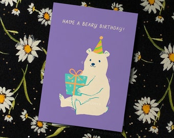 Have a Beary Birthday Card - Polar Bear holding Present Gift Box