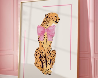 Cheetah Pink Bow Aesthetic Poster Printable Wall Art Digital Download Gift For Animal Lovers Printable Wall Decor
