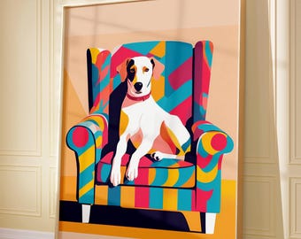 Peut inclure: Un chien blanc et noir avec des oreilles brunes est assis dans un fauteuil coloré. Le fauteuil a un motif géométrique rouge, jaune, bleu et vert. Le chien regarde directement le spectateur.