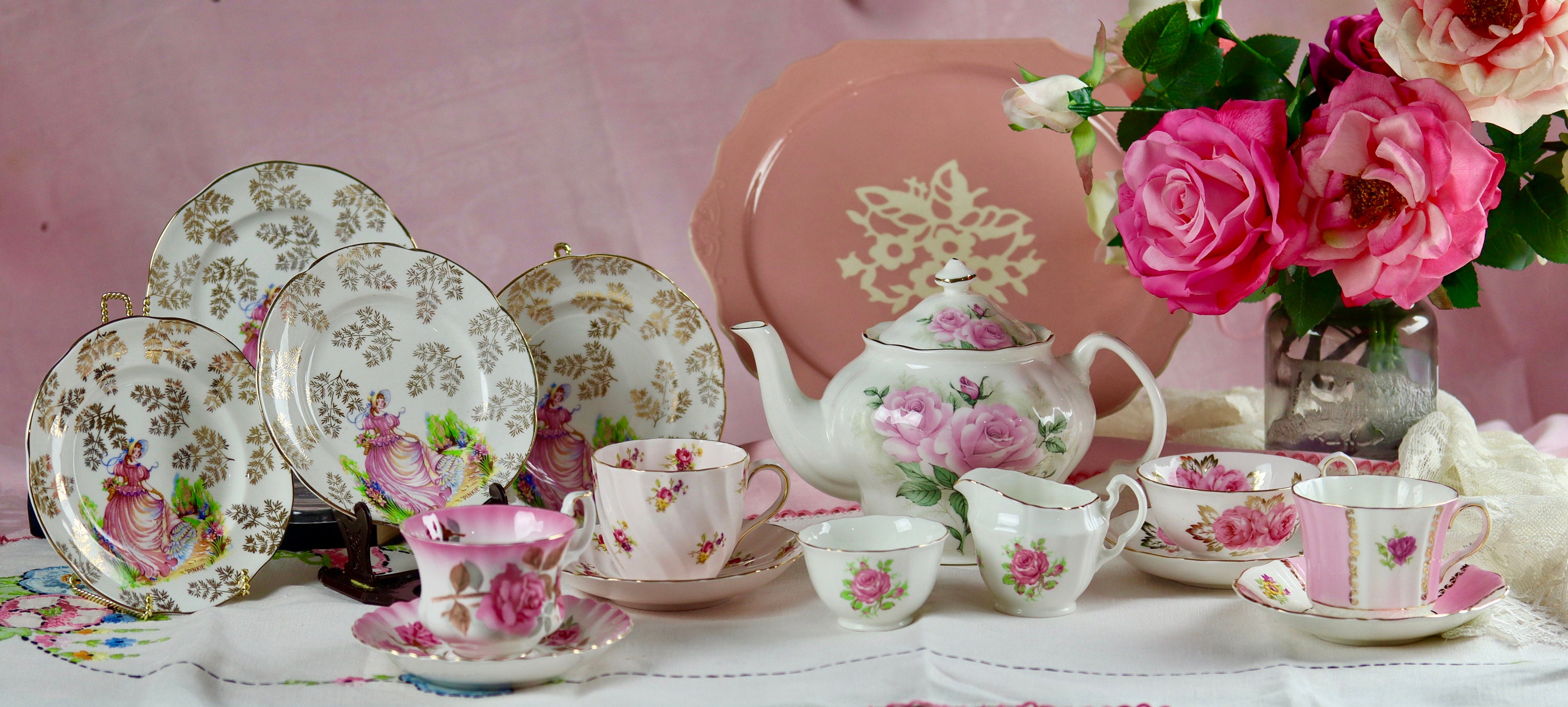 Vintage, Mismatched Tea Set in Pink - Etsy Vintage, Mismatched Tea Set in Pink - Etsy