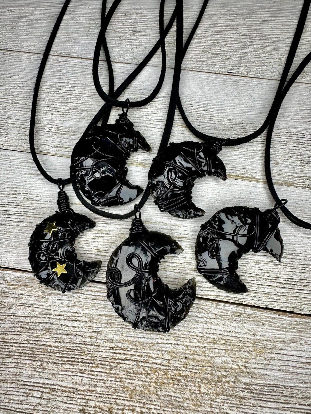 Black Obsidian  Silver Wire Wrapped Crescent Moon Crown Black Obsidian Crescent Moon Necklace, Wire Wrapped Crescent  main image 4