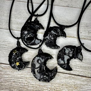 Black Obsidian, Black Wire Wrap, Crescent Moon Crystal Pendant, Suede Black Necklace, Choker, Witchy Gift, Celestial Jewelry, Car Charm