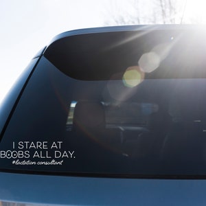 May include: A white decal on a car window reads "I STARE AT BOOBS ALL DAY. #lactation consultant". The text is in a sans-serif font. The car is a dark blue color, and the background is a bright, sunny day.