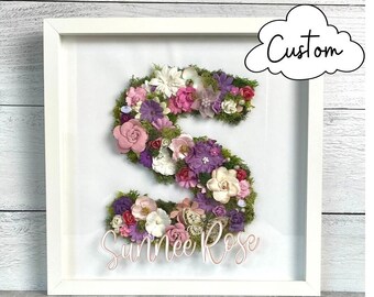 Floral letter Name Sign Shadowbox, Framed Flower Monogram, Custom Letter Boho Nursery, Coquette letters with flowers, baby girl wall art