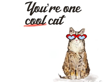 5x7 Cool Cat Drawing, Cool Cat Digital Download, Print at Home No Occasion Card, Cat Digital Art, Cat Cartoon, Cat Lover Greeting Card
