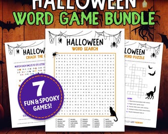 Könnte beinhalten: Ein Halloween-Wortspielpaket mit sieben lustigen und gruseligen Spielen. Es enthält Wortsuchrätsel, Kreuzworträtsel und Emoji-Zuordnungsspiele. Das Design beinhaltet Fledermäuse, Spinnen und andere Halloween-Elemente. Der Text lautet "Instant Digital Download - Easy Print & Play!"