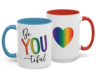 Self-Love Mug; Positive Affirmation Coffee Cup; Rainbow Motivational Gift; Be-YOU-tiful Accent Mug; Colorful Ceramic; 11oz or 15oz;