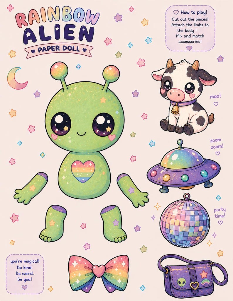 Kawaii Cryptid Alien Paper Toy/doll, Craft Activity, After School ...