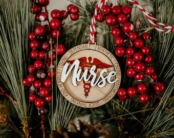 Personalized Nurse Ornament: Engraved Cherry Wood, Medical Gift