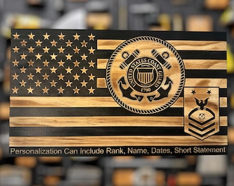 Personalized USCG Coast Guard American Flag Plaque - Custom Military Retirement Promotion Veteran Gift Decor