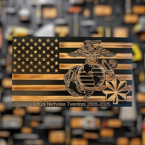 Personalized USMC Wooden Flag Plaque: Military Award, Marine Corps Retirement Gift, Patriotic Recognition