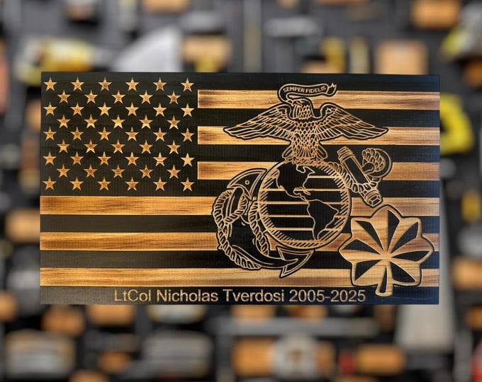 Featured listing image: Custom USMC Wooden Flag Military Award Plaque, Marine Corps Gift, Retirement Gift