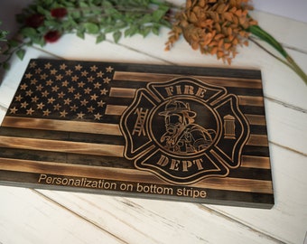 Custom Fire fighter Wood American Flag | Custom Firefighter Gift