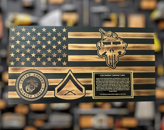 Featured listing image: Handcrafted Wooden American Flag Plaque for Custom Military Awards and Retirement Gifts