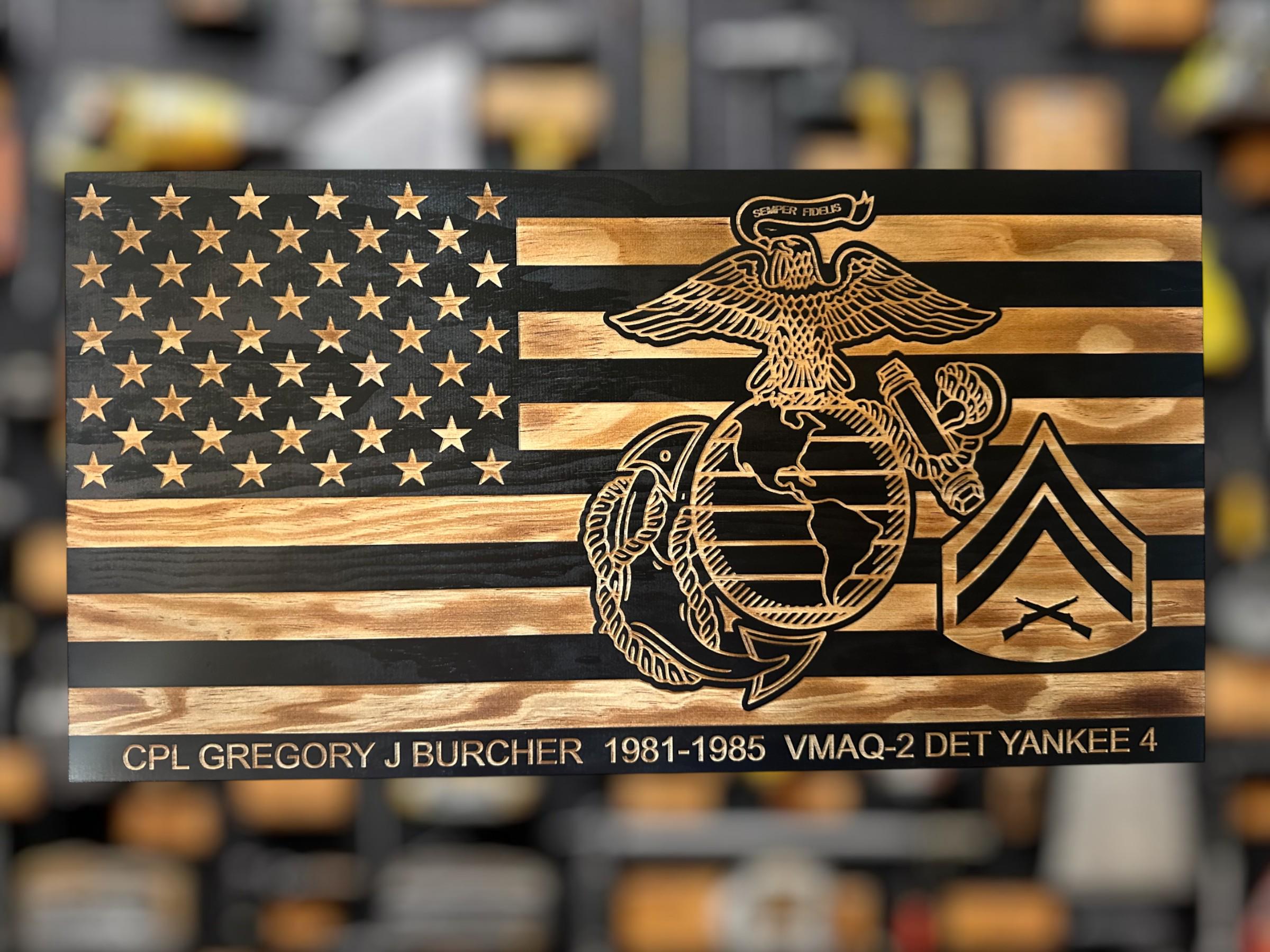 Personalized USMC Wooden Flag Plaque: Military Award, Marine Corps