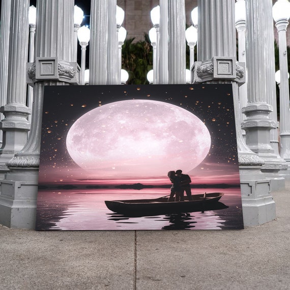 Immense love.. Couple boating full moon. The best him and her romantic valentines day gift. Custom &Loving home decor, Framed Ready-To-Hang
