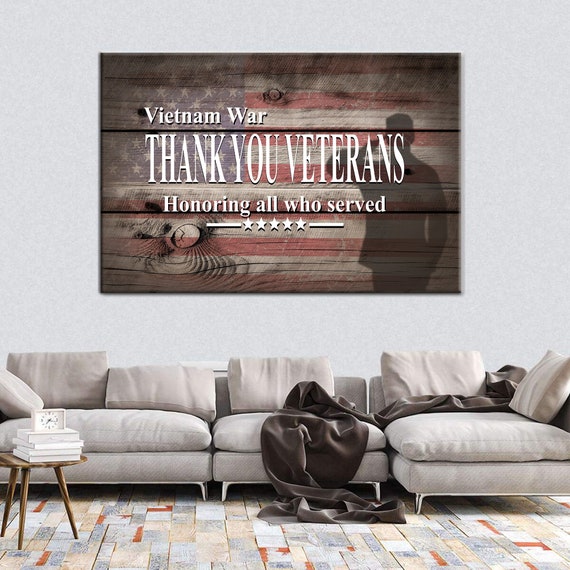 Vietnam War, Thank You Veterans Canvas, Gift idea for U.S. Vietnam vets, Patriotic military canvas with U.S. Flag and Soldier Saluting