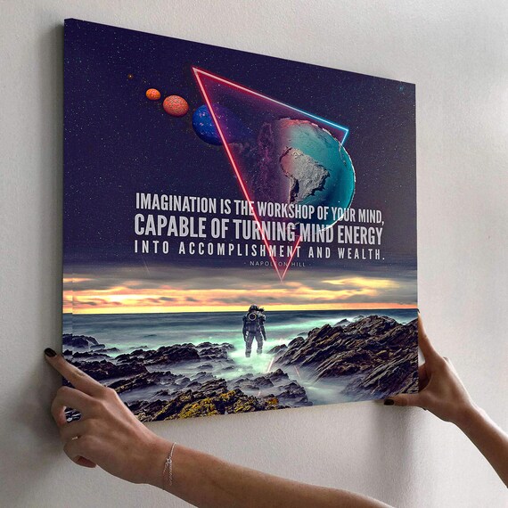 ABSTRACT MOTIVATION ART- Napoleon Hill Quote "Imagination" Space Scenery, Beautiful Modern Art, Large Canvas Wall Art, Classroom Decor
