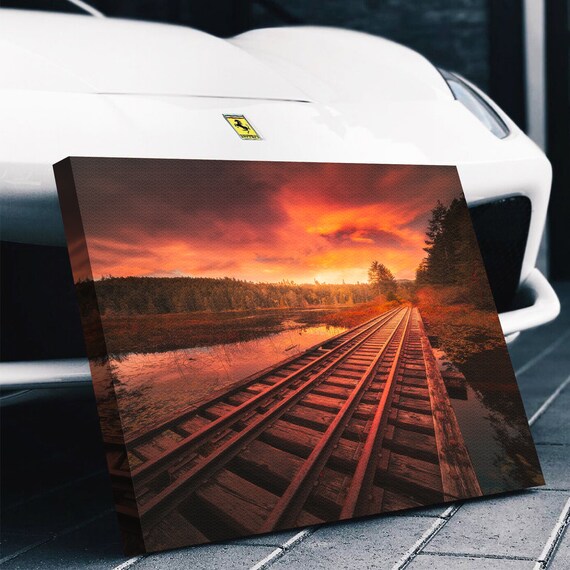 Train Railway Over Water & Sunset Canvas Print Wall Art, Scenic Landscape, Lake, River - Giclee Home Art Decor, Framed Ready-To-Hang