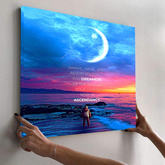 ABSTRACT Art - Napoleon Hill Quote Featured On Abstract Beach and Ocean Scene, With Celestial Stars and Sky Vibe, Canvas Wall Art Decor