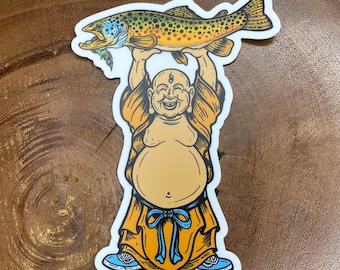 Laughing Buddha with Brown Trout Vinyl Fly Fishing Trout sticker