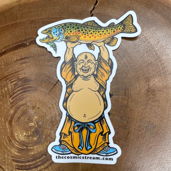 Sticker bouddha riant avec truite fario en vinyle pêche à la mouche truite