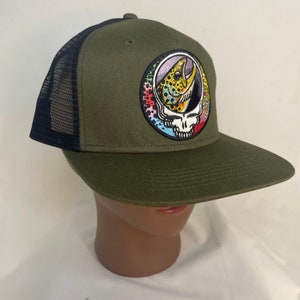 Surfer Flat Bill Steal Your Face Trout Trio Trucker Hat Dark Olive Green / Black