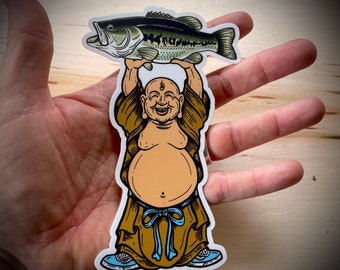 Smiling Buddha with Bass Vinyl Fly Fishing sticker