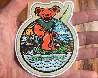 Fishing Bear on Terrapin   Vinyl Fly Fishing Trout sticker.