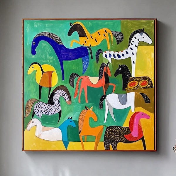 Groot groen paardolieverfschilderij: abstracte dierencanvas muurkunst
