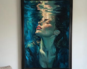 May include: A framed rectangular painting depicting a person submerged underwater with eyes closed, rendered in deep blue and teal tones with light reflecting on the surface. The artwork is displayed on a wall above a blue rug and a beige armchair.