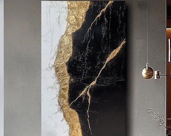 Gold Leaf Abstract Painting: Black, White & Gold Canvas Art