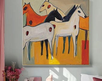 Dipinto a olio di cavallo colorato: moderna arte murale minimalista su tela