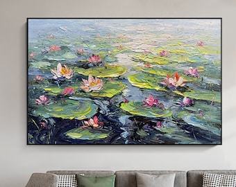 Lotus Flower Oil Painting: Green Water Lilies, Textured Wall Decor