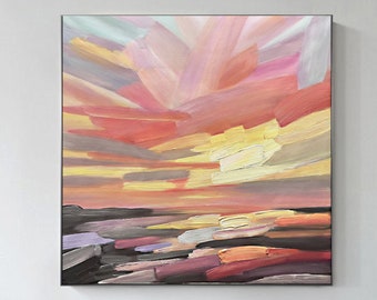 Sunset Painting  Pink Clouds Wall Art  Pink Sky Abstract Fine Art  Living Room oil painting wall art art gift