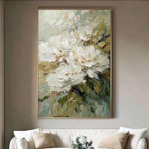 Original Gemälde weiße Blumen auf Leinwand Strukturierte Wandkunst Blumenmalerei Moderne Kunst Phantasie Wohnzimmer Wandkunst
